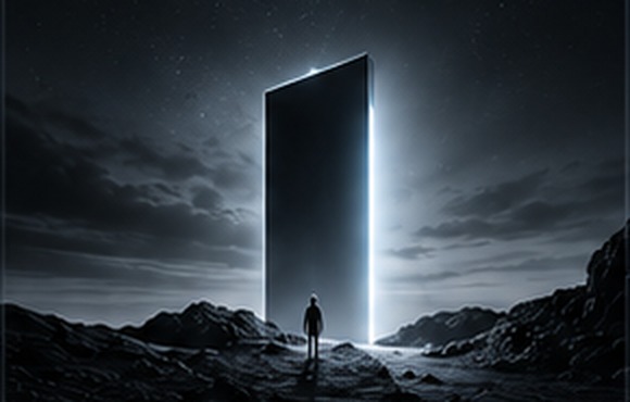 A figure standing before a tall luminous monolith in a dark landscape.